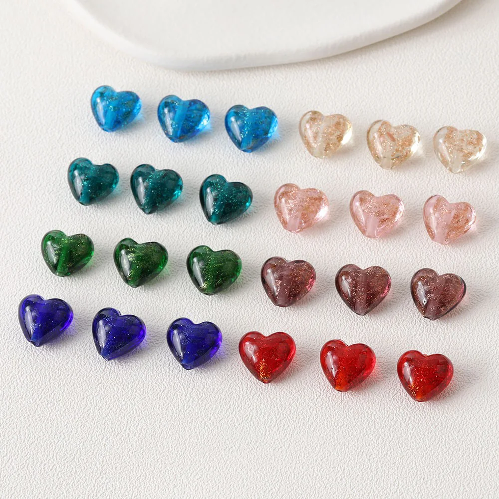 4PCS Glaze Glass Gold Sand Heart Beads DIY Making Supplies for Necklace Bracelet Jewelry Earrings Material Accessories