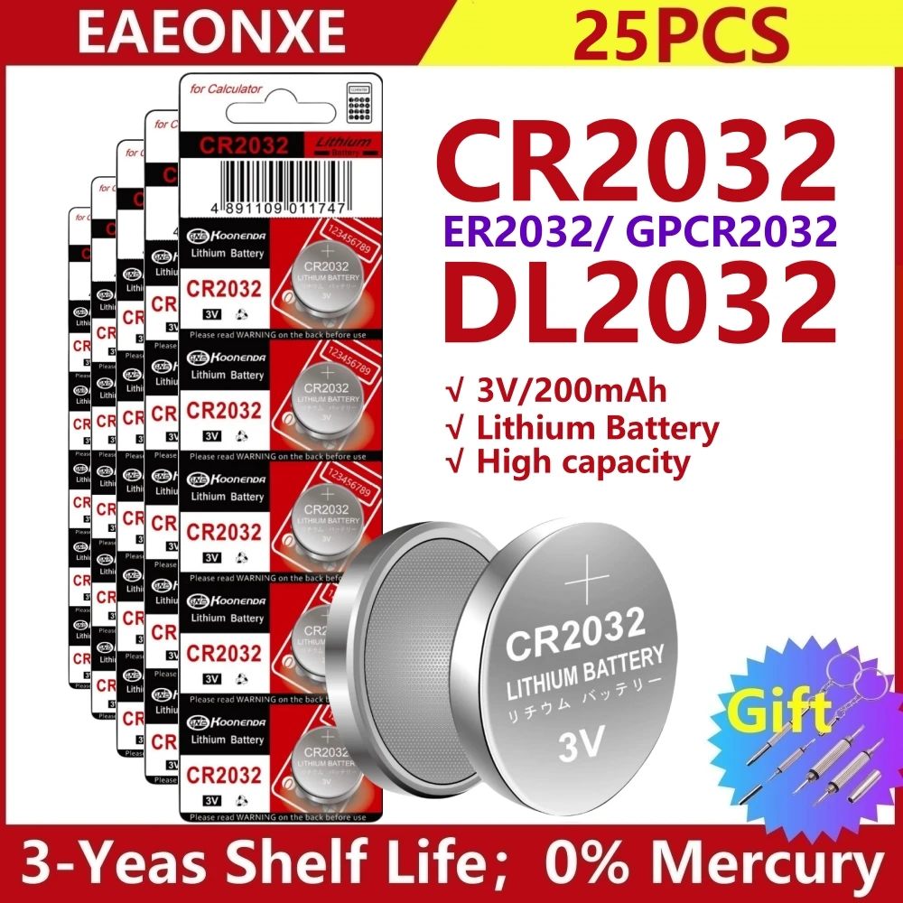 25PCS EAEONXE CR2032 3V Lithium Battery For Watch Toy Calculator Car Remote Clock CR 2032 DL2032 BR2032 5004LC Button Coin Cell