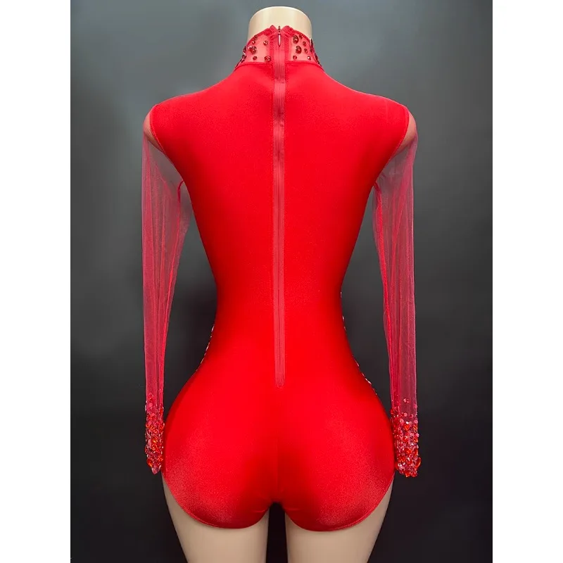 customized hollow neck hanging mesh fabric bodysuit diamonds embellished slim fit high elasticity zipper short jumpsuit rave