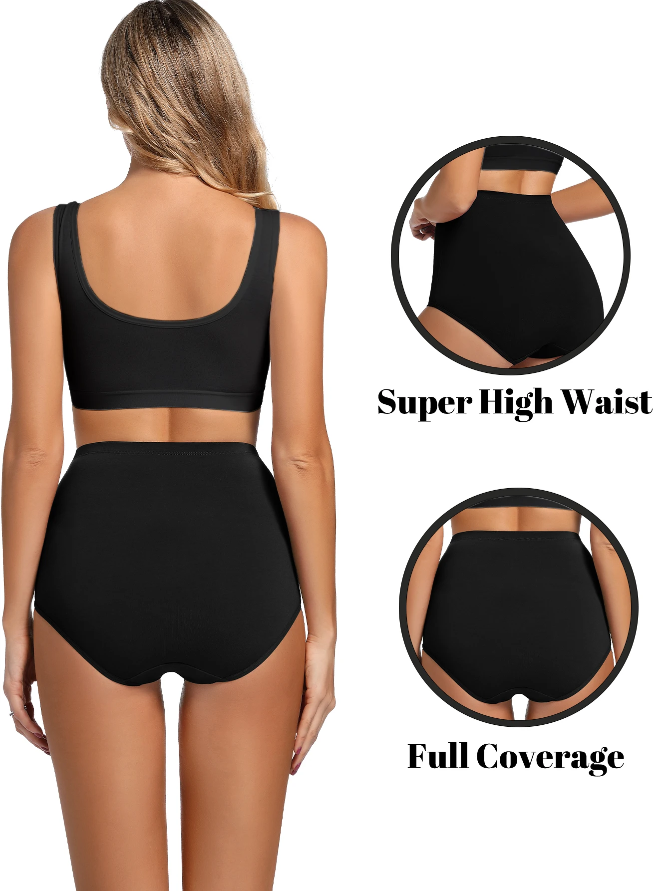 Molasus 5 PCS Women Super High Waist Underwear Comfortable Full Coverage Panties Black Briefs Set 95% Polyester Fabric Plus Size