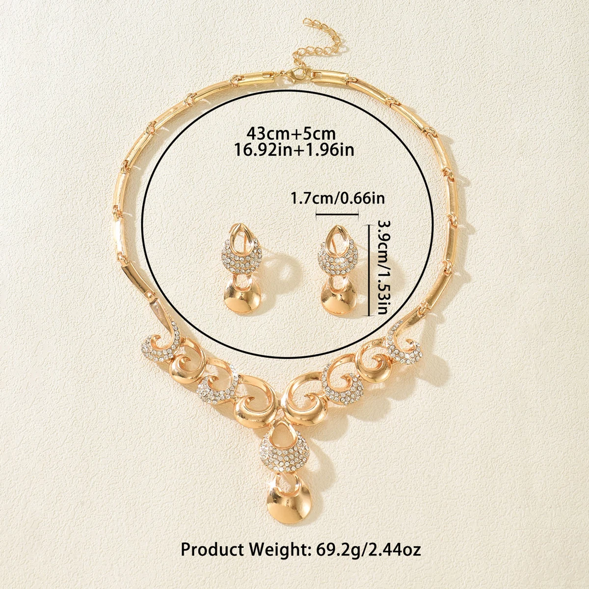 Noble and generous diamond studded super sparkling exquisite heavy industry chic earrings necklace two-piece set