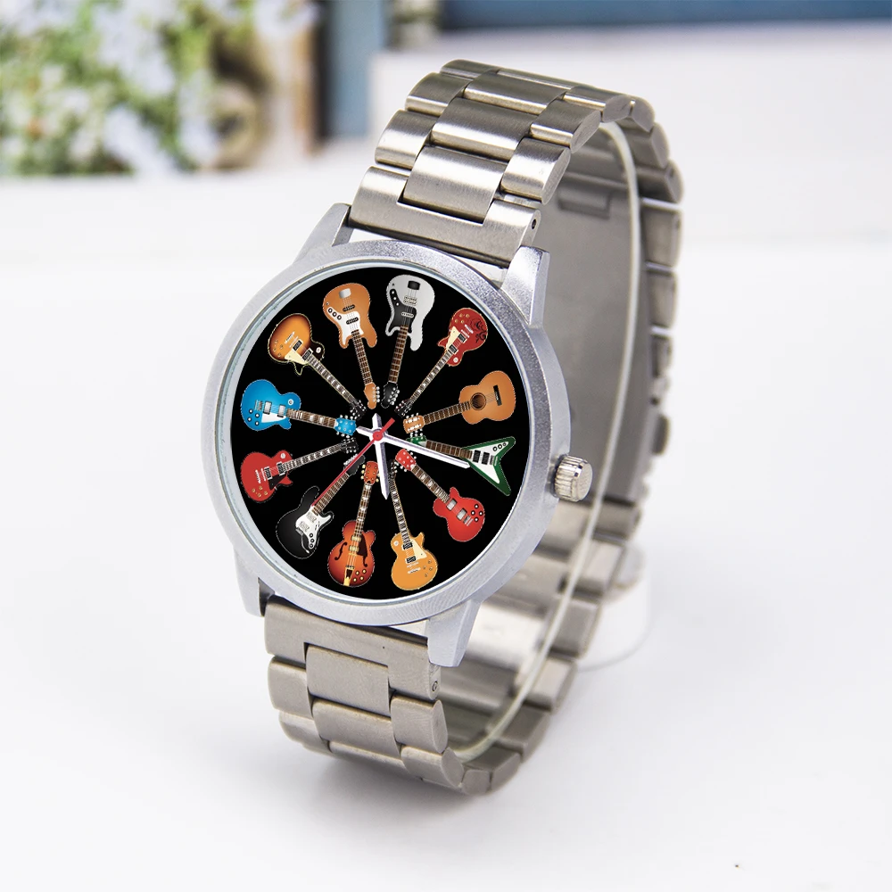 Orologio da uomo con quadrante da 45/38 mm di diametro per chitarra, movimento al quarzo universale, orologi, cinturino in pelle, acciaio inossidabile, silicone, oro rosa