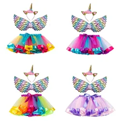 Girls Unicorn Birthday Party Skirts Baby Girls Rainbow Tulle Skirts+Wing+Unicorn Headband Miniskirt Set Princess Cosplay Costume