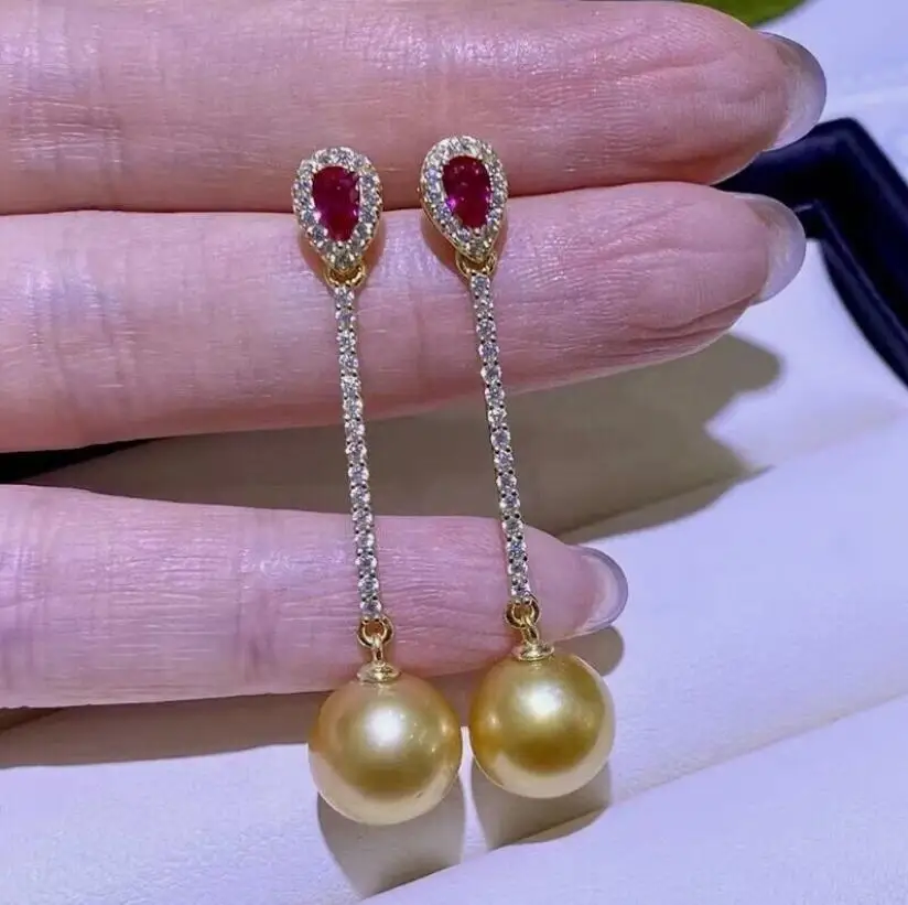 

elegant pair of 10-11mm 9-10mm south sea round gold pearl dangle earring 925s