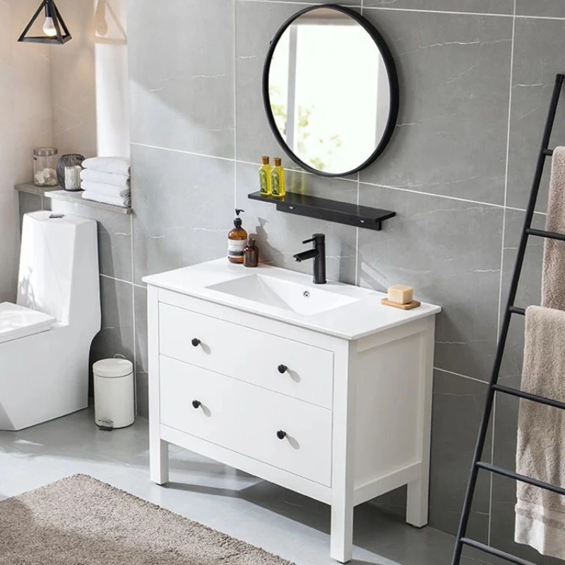 

Nordic solid wood bathroom cabinet, face wash basin cabinet, combined bathroom wash table, floor-to-ceiling round mirror cabinet