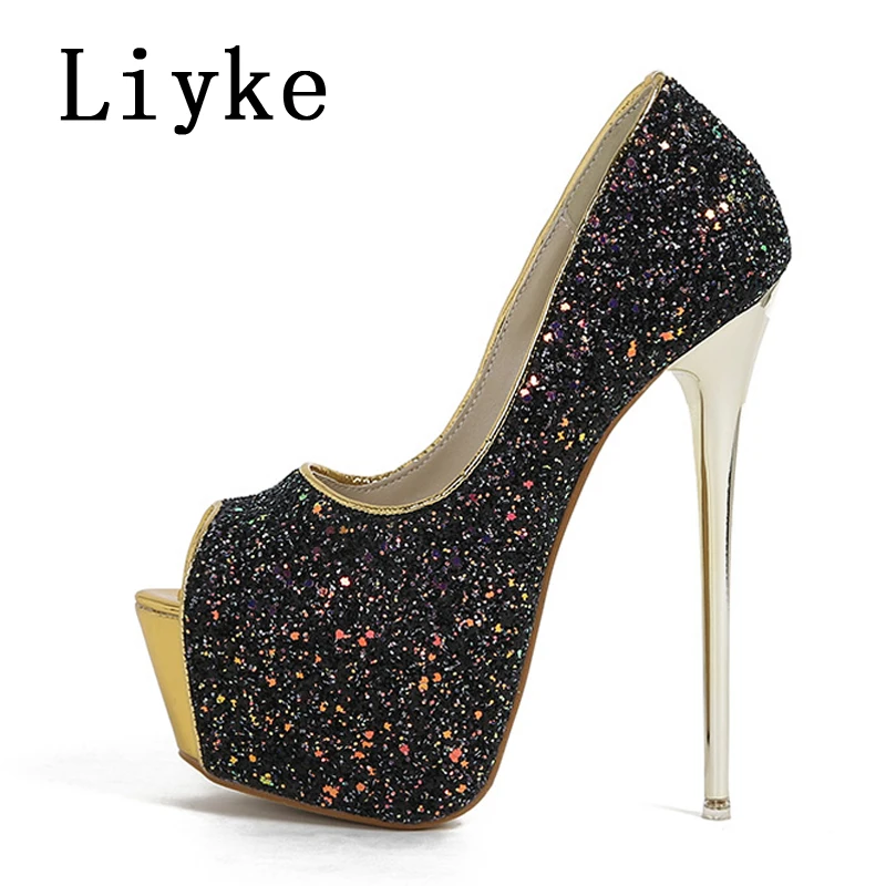 Liyke Fashion Designer Glitter Peep Toe Thin Heel Pumps Women Wedding Banquet Female Shoes Sexy Platform Nightclub High Heels