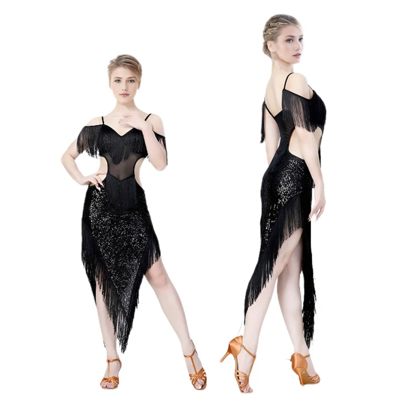 

Линейный танцевальный костюм для выступлений без рукавов Samba, черная тренировочная одежда, платье для латинских танцев, конкурсные танцы, блестки, кисточки, серебристый, зеленый