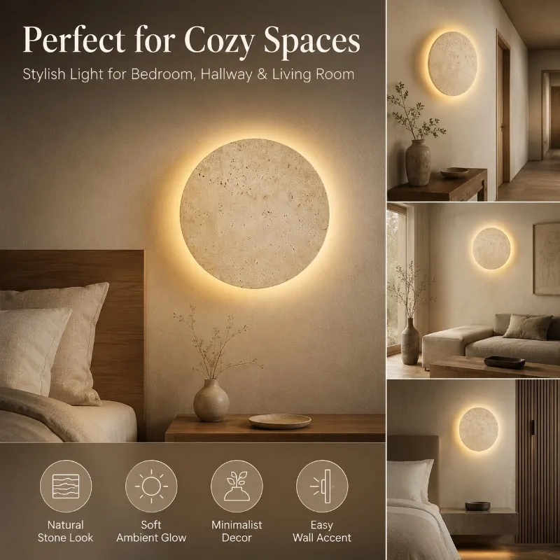 Travertine Round LED Wall Light Japanese Wabi Sabi Dimmable Sconce 30cm Warm Glow Bedroom Hallway Homestay Decor Lamp Fixture