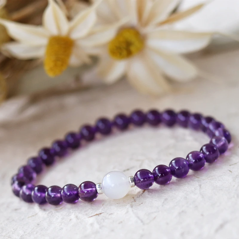 

Lii Ji браслет из настоящего камня, аметист, лунный камень, стерлинговое серебро 925 пробы, женский и мужской браслет, ювелирное изделие, подарок