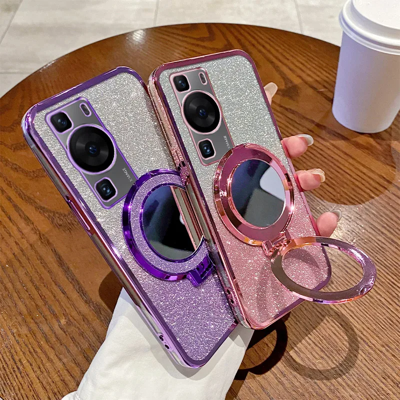 Mirror Luxury Plating Magnetic Stand Glitter Case For Huawei Mate 30 40 Mate 50 Mate 60 Pro Plus P30 P40 P50 P60 Pro Soft Cover