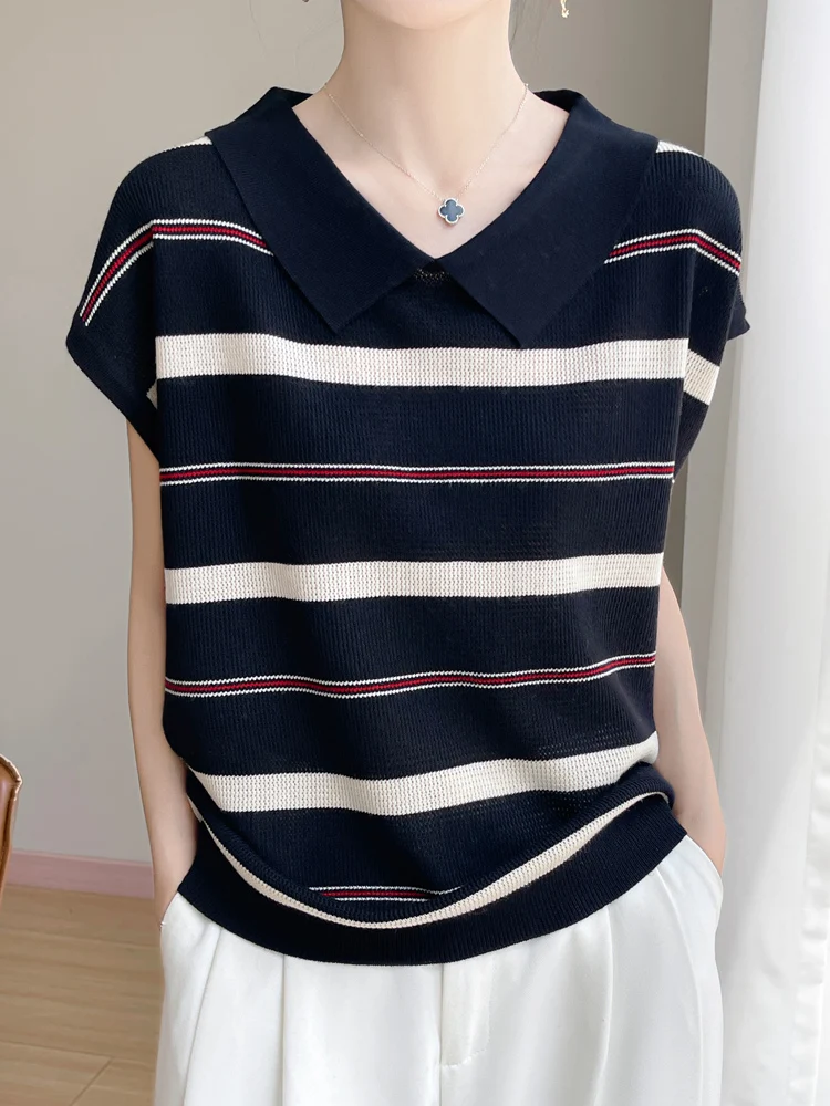 

25 New Large Size Summer Short Sleeves lapel Neck Stripe T-Shirt Women's High Grade T-Shirt Fashion Comfortable Leisure T-Shirt