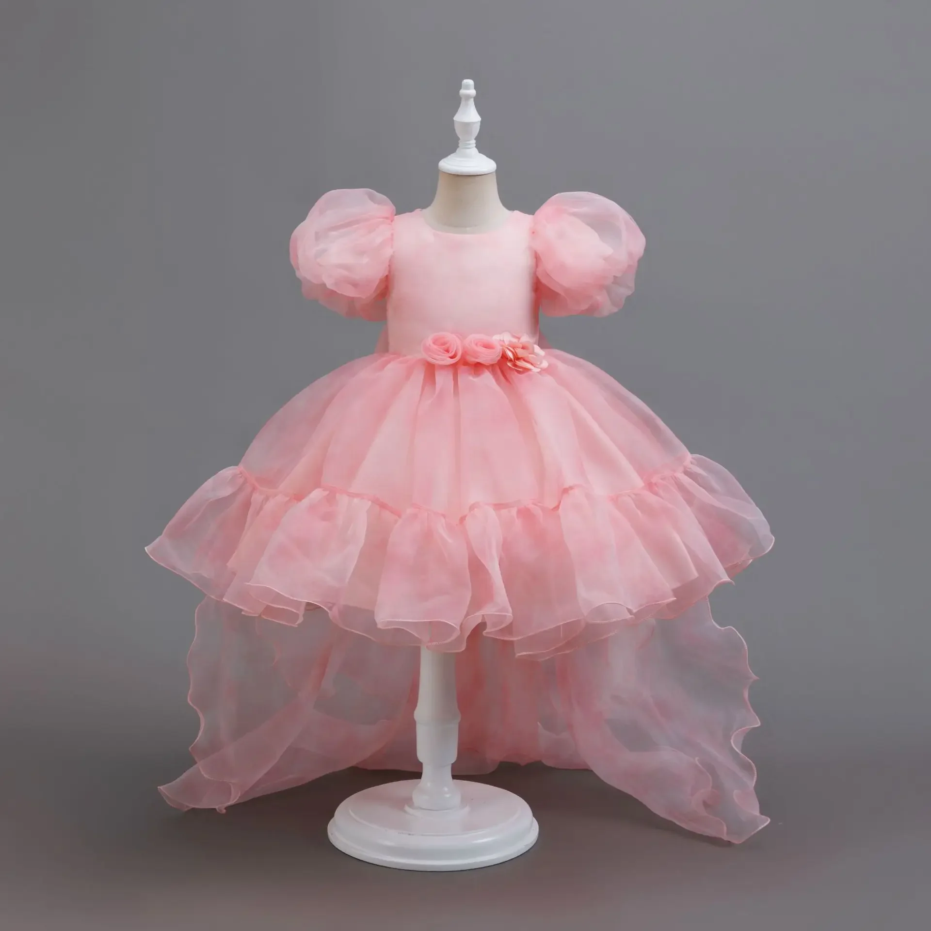 Carnival Costume Little Girl Long Tail Pink Tulle Kids Princess Party Dresses Baby Elegant Gown 2-6 Years