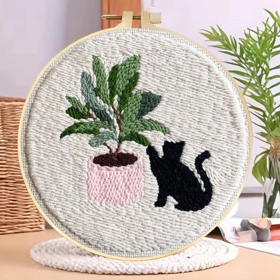 

Punch Needle Embroidery Starter Kits Themed Green Tree Black Cat Soft Yarn Punch Needle Embroidery Kit Easy Needlework Home Deco