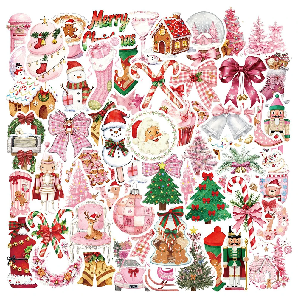 

10/30/50/100pcs Vintage Pink Christmas Aesthetic Stickers Cute Cartoon Festive Decals Decoration Suitcase Notebook Phone Sticker