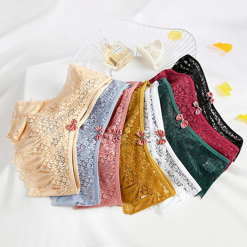 BANNIROU 1Pcs Women's Underwear Lace Briefs Bow Transparent Low-Rise Panties Female Lingerie Sexy Hollow Out Intimates Woman