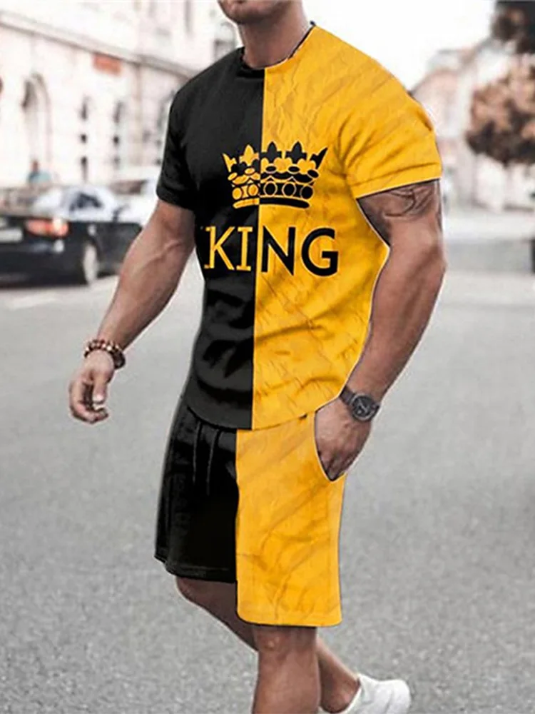 

The 2025 New Casual Men's Suit With Yellow And Black Letter Prints Is A Breathable And Comfortable Summer Street Fashion Outfit