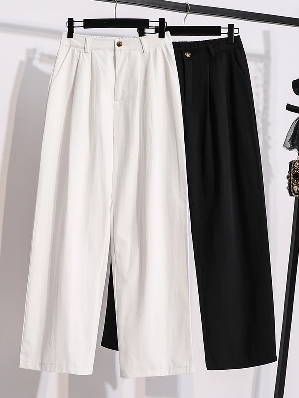 Pantaloni casual in cotone a gamba dritta ampia da donna Pantaloni lunghi a vita alta Tessuto di cotone waed bianco Comodi jeans autunnali