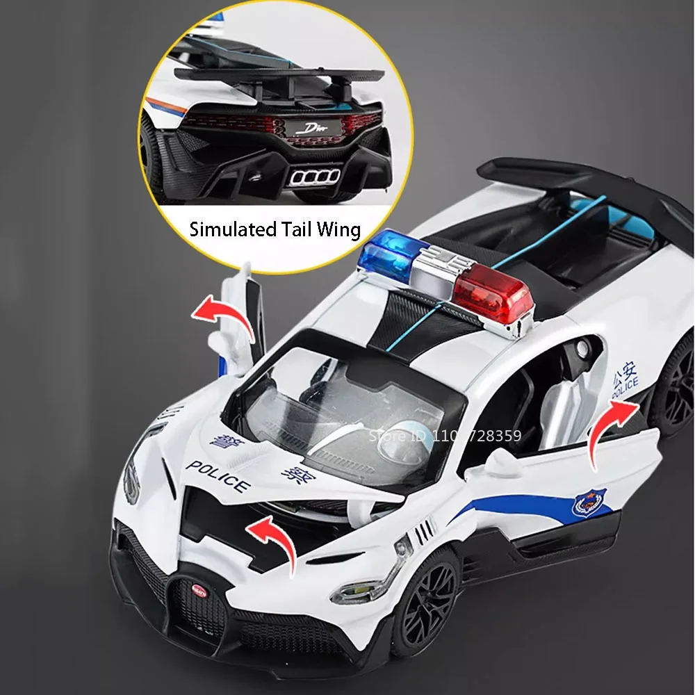 Modelo de coche de policía DIVO 1:32, juguetes en miniatura, coches deportivos fundidos a presión de aleación, puertas abiertas, luz de sonido, Mini supercares, regalos para niños