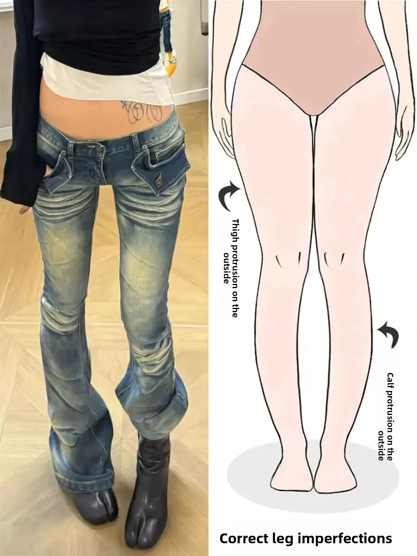 

Low Waist Bell Bottom Jeans Women's Vintage Distressed Whisker Flare Pants Street Style Spring Summer New Arrival