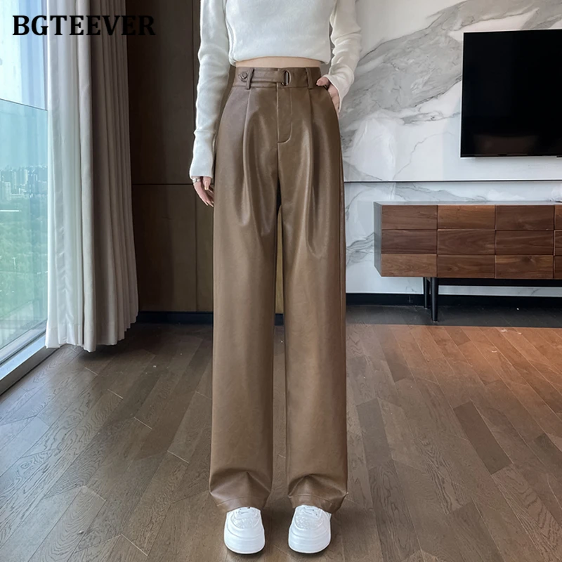 BGTEEVER Stylish Thicken Velvet Ladies Floor-Length PU Leather Straight Trousers Winter Warm Loose Pockets Female Wide Leg Pants