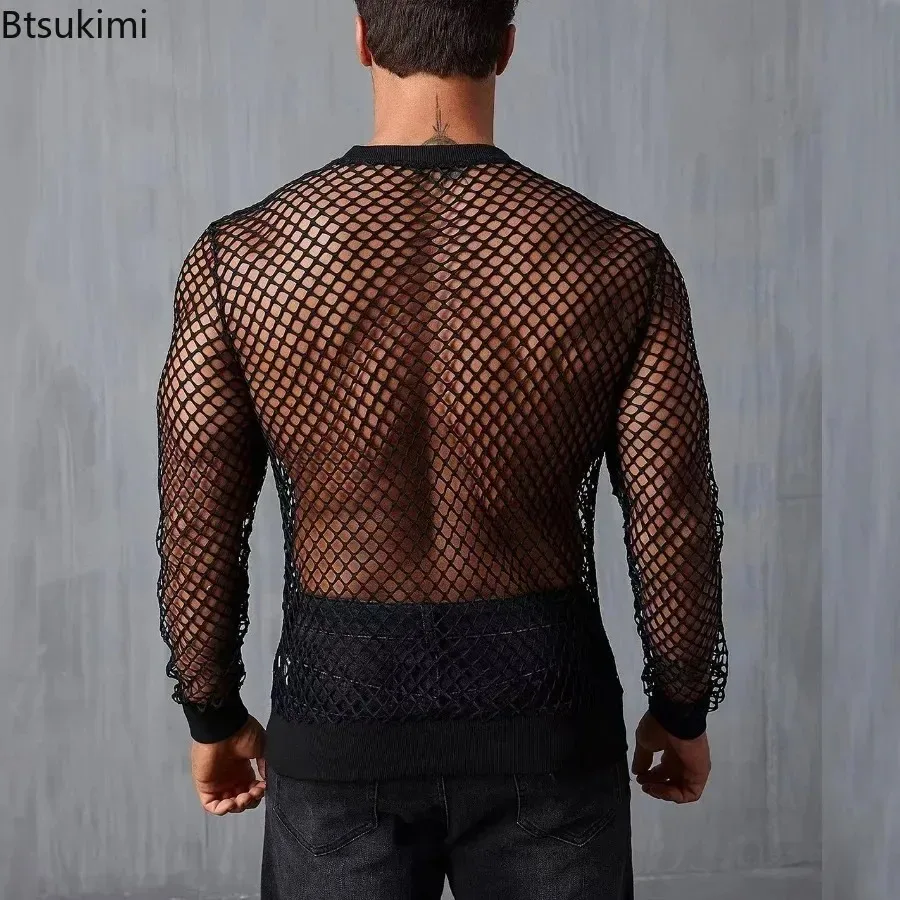 Sexy Hollow Out Men's Long Sleeved Shoulder Drop Woven Tops Streetwear Fashion Mesh Perspective T-shirt Personality Men Clothing