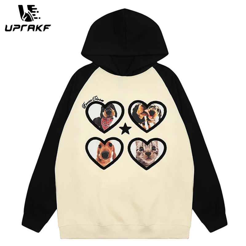 UPRAKF Streetwear Hooded Sweatshirt Star Heart Embroidery Cute Dog Cat Graphic Printing Patchwork Fashion Pullovers Cotton