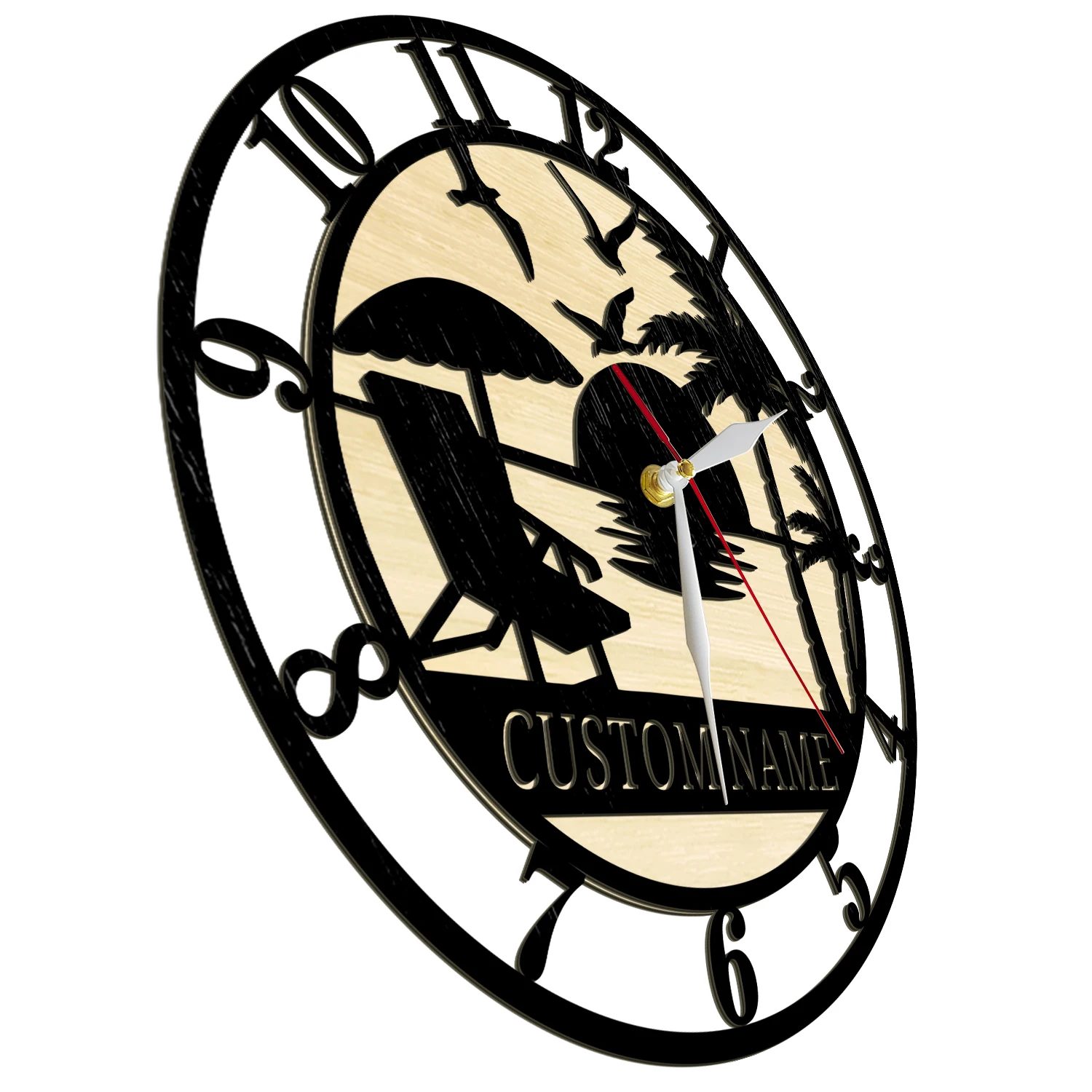 Custom Coastal Beach Scene Rustic Wooden Wall Clock for Lake House Summer Home Decor Beach Monogram Personalized Name Wood Clock