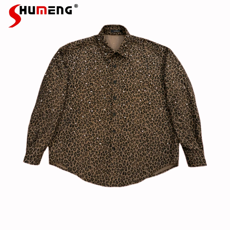 

2026 Spring New Hot Diamond Shirts Men Women The Same Fashion Leopard Print Starry Sky Tops Chic Long Sleeve Personality Shirts