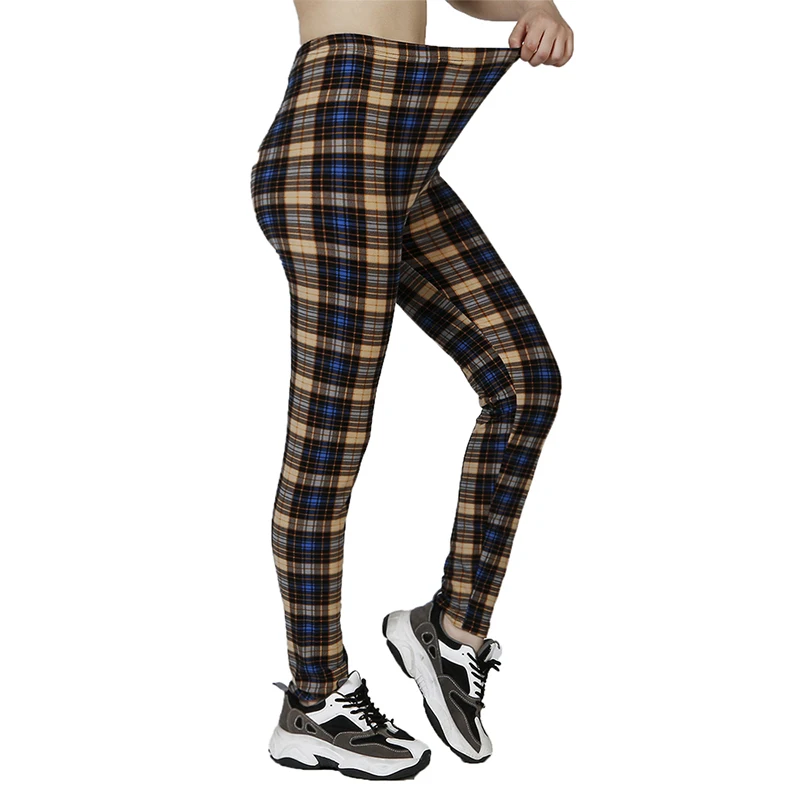 PD180 Khaki Blue Checkered Slim Fit Leggings 9-point Outdoor Sports Running Yoga Pants