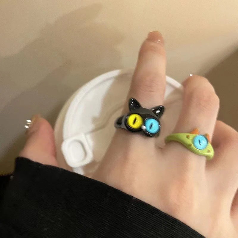 Cute Green Monster Rings Fashion Sweet Two Color Cat Eyes Opening Adjustable Ring For Women Wedding Finger Accessories Jewelry