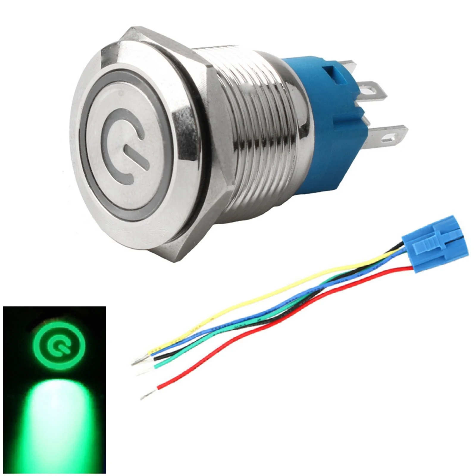 ON OFF Car Switch Button 19mm LED Power Symbol Waterproof Metal Construction Simple Installation with Wire Connector