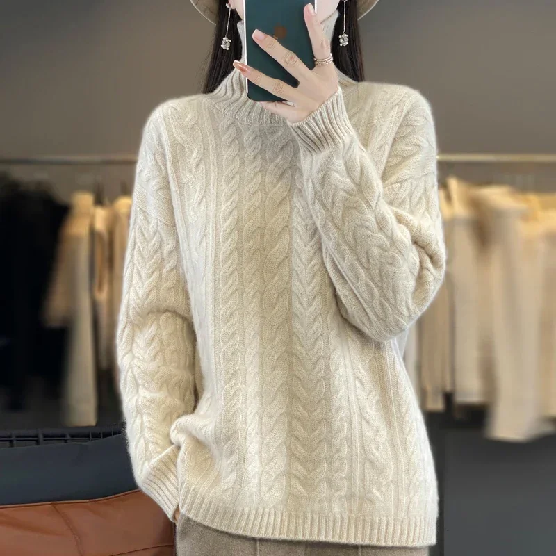 Women's Turtleneck Twist Pullover, Monochromatic, 100% Pure Wool, Thick Knit, Long-Sleeved Base Sweater, New, Autumn and Winter