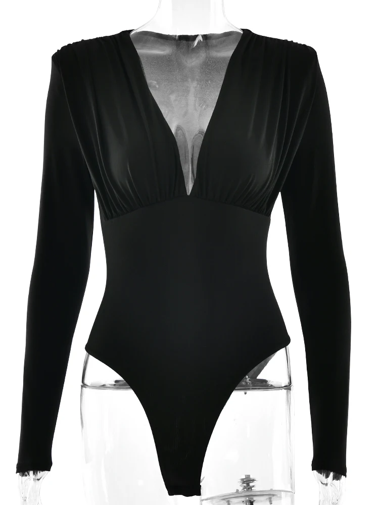JULISSA MO Sexy Deep V-neck Long Sleeve Women Bodysuit Black High Waist Ruched Playsuit Autumn Slim Elegant Party Clubwear 2025