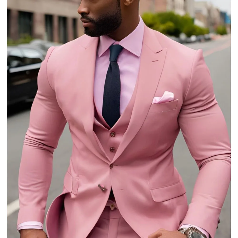 Exquisite Pink Men Suits for Wedding Groomsmen Single Breasted Peak Lapel Slim Fit 3 Piece Jacket Pants Vest Costume Homme 2024