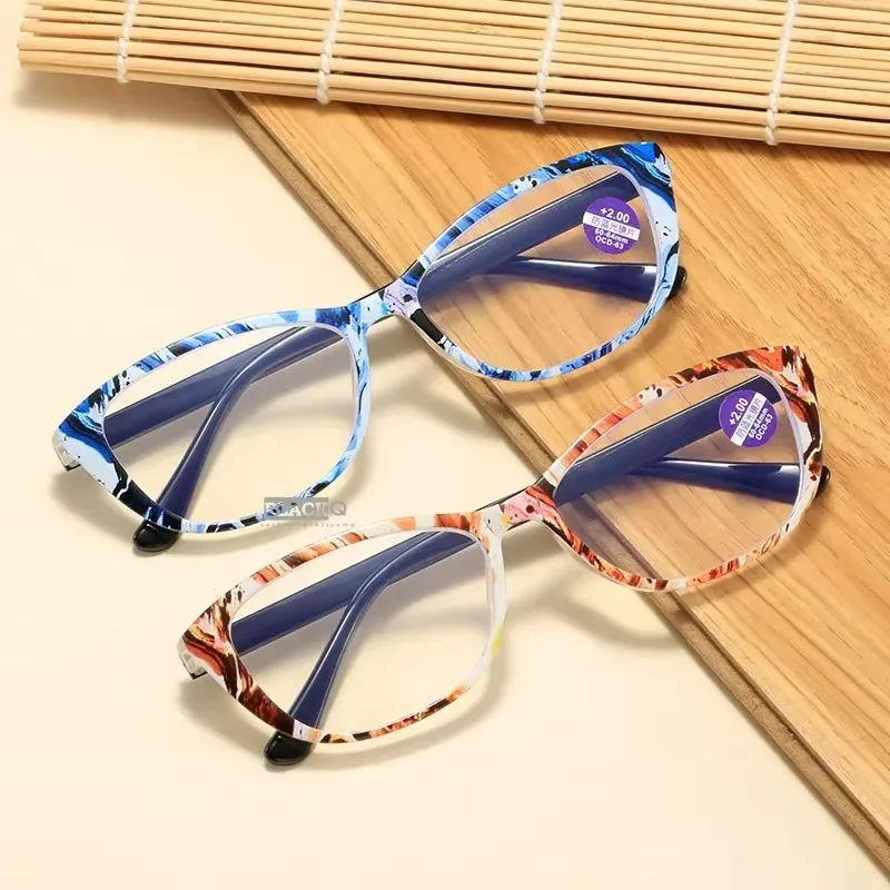 Gafas de lectura antiluz azul para mujer, lentes de lectura con montura impresa de tendencia, protección ocular, gafas para presbicia + 1,0 a + 4,0