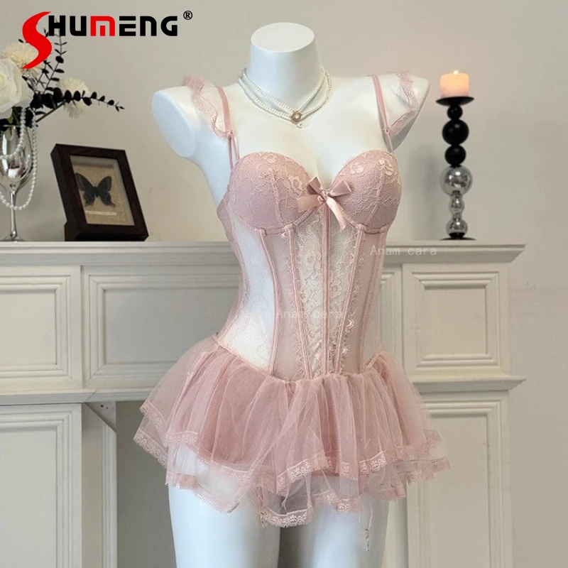 

Princess Padded Fishbone Bra Nightgowns Women's Sweet Slimming Puff Nightdress Female See Through Sexy Black Sleepshirts