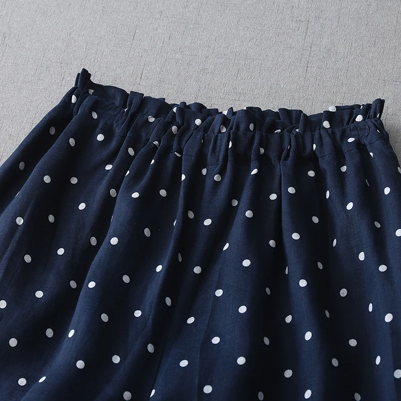 Japanese Sle Polka Dot Linen Wide Leg Pants Women's Casual Cotton Linen Straight Nine Point Pants High Waist ket Detail