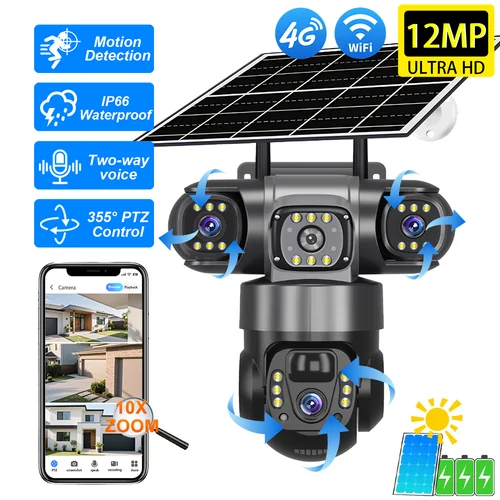 Imagen 1 del producto Cámara de seguridad Solar 4G para exteriores, impermeable, inalámbrica, tres lentes, tres pantallas, visión nocturna a todo Color, detección de movimiento CCTV