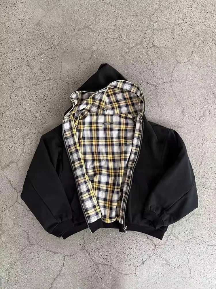 Winterliche Casual-Kapuzenpullover mit Karomuster für Damen, Y2K-Stil, doppelseitig tragbar, modisches, lockeres Sweatshirt mit Kapuze, trendige Damenjacke. – Detail 6