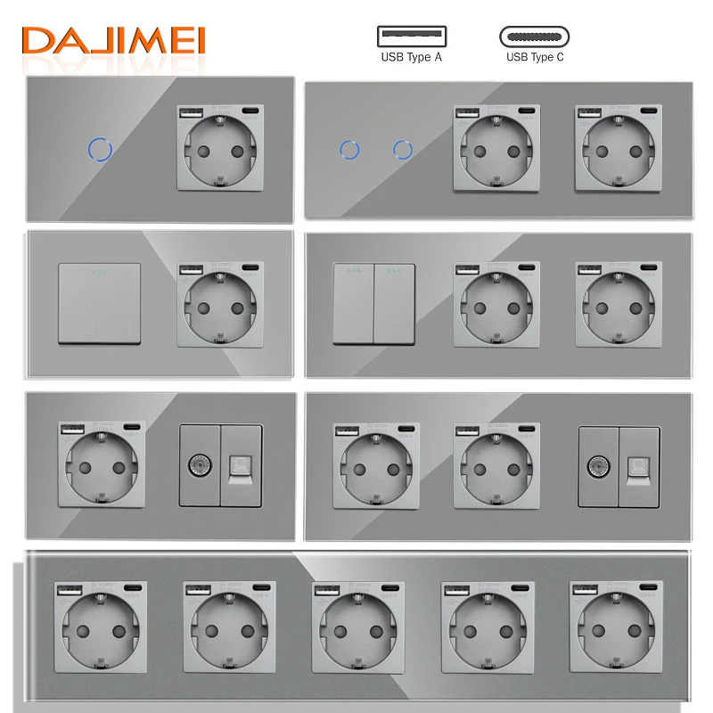 DAJIMEI EU Socket with USB Type C Fast Charging Light Touch Switch and Socket Grey Crystal Glass Panel Plug Electrical Outlet