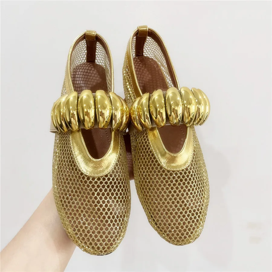 Gold Hollow Out Women Ballet Flats Mesh Walking Loafers Ladies Mary Janes Elastic Band Flat Shoes Espadrilles Summer Sandals