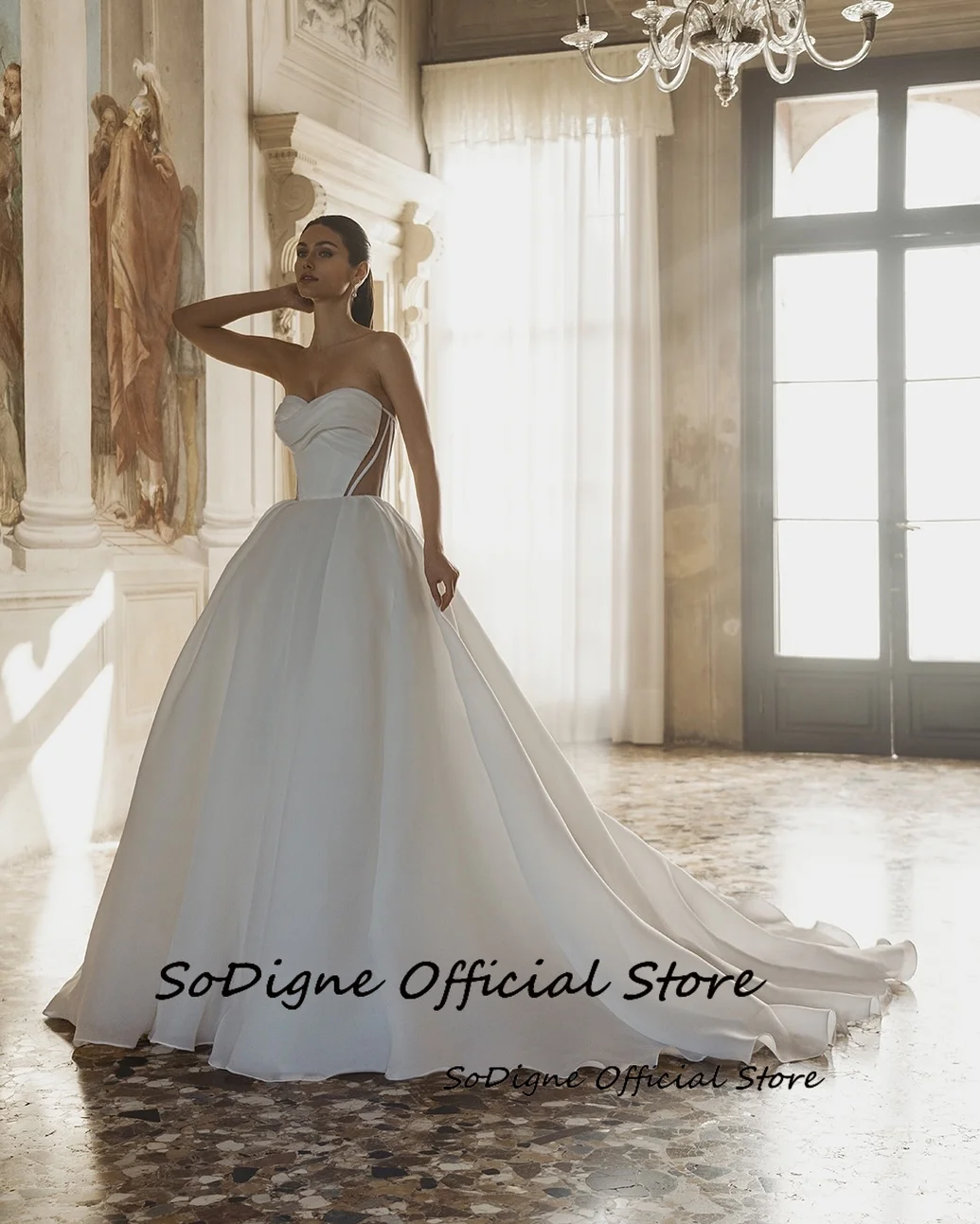 SoDigne A-lijn Organza Bruid Jurken Sweetheart Mouwloze Trouwjurk Strand Lange Bruidsjurken vestidos de novia Aangepaste