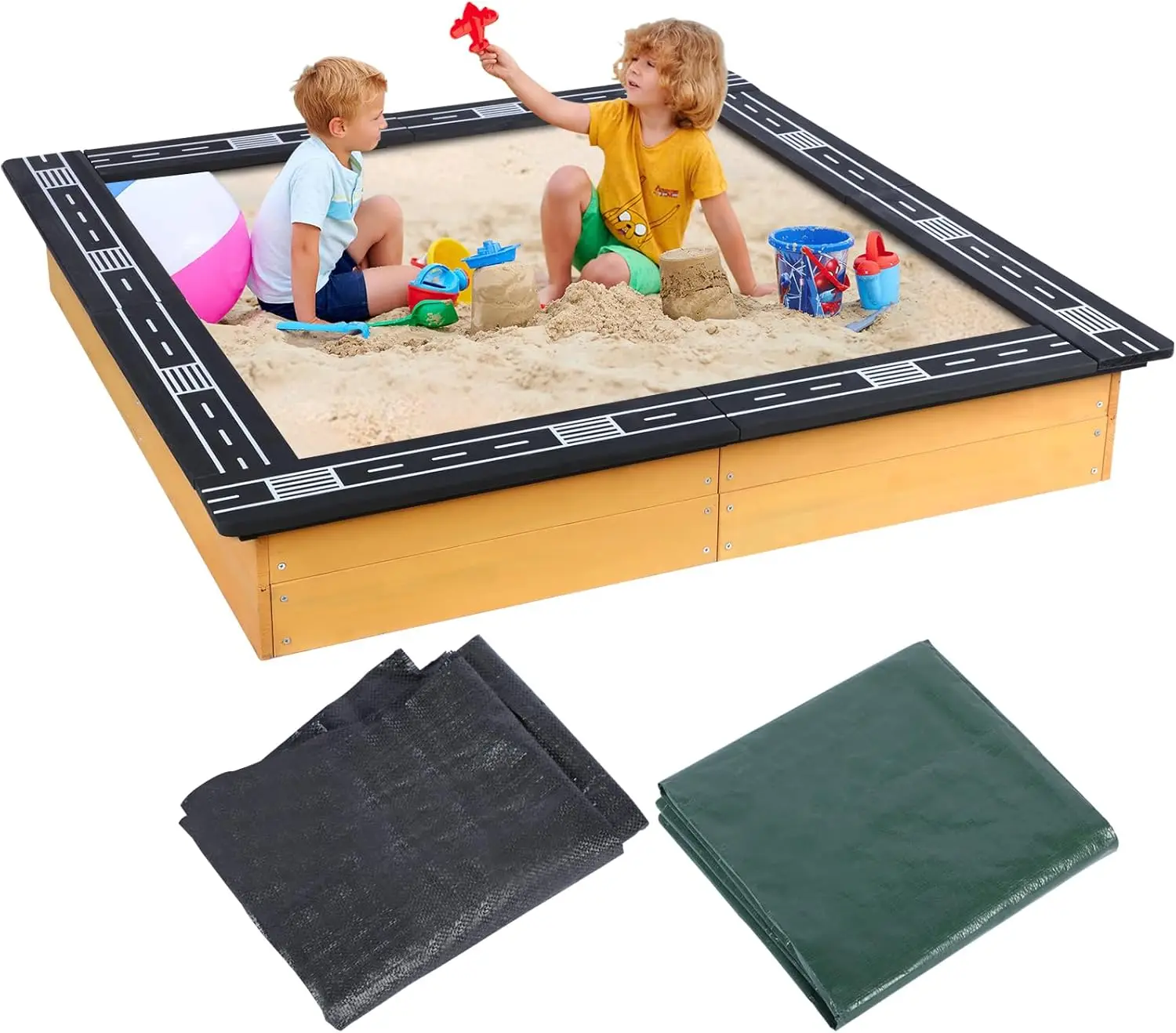 

Large Outdoor Wooden Sandbox with Four Sides Racing Track Design, Suitable for Games, Toy Storage, Planting Flowers