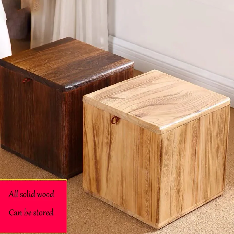 Retro All Solid Wood Shoe Changing Stool Creative Square Stools Multi Functional Household Stool With Storage Furniture