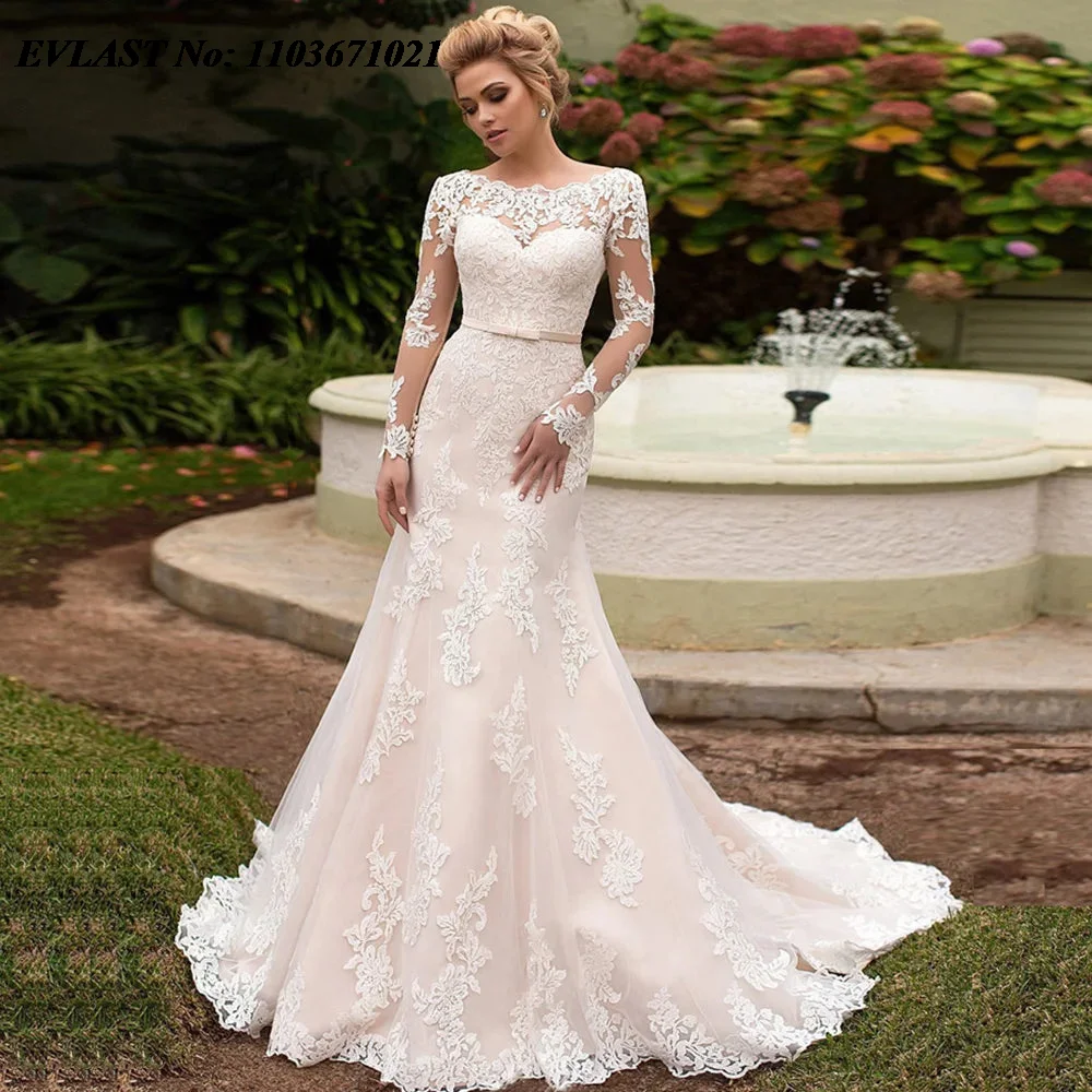 EVLAST Elegant 2025 Mermaid Wedding Dress Long Sleeve Lace Applique Beading Vestido De Novia Bridal Gown Robe De Mariee MD06