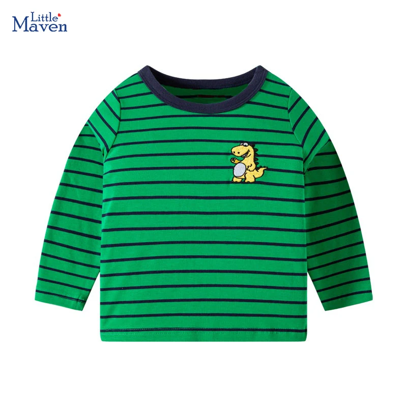 Little maven 2023 Children's Clothing Baby Boys Cute Green Long Sleeves T-shirt Cotton Cartoon Dinosaur Tops Kids Clothes