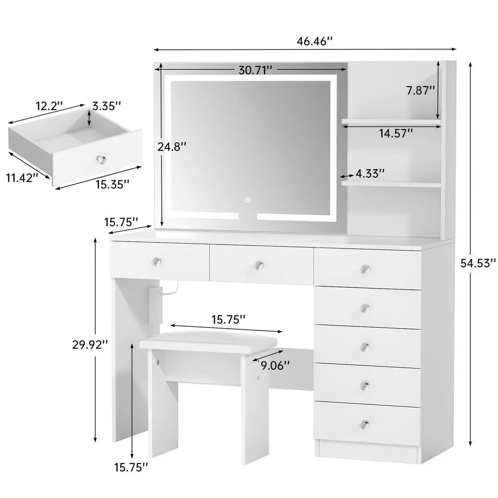 Black Vanity Desk, Vanity Mirror with Lights, Makeup Desk with Stool, Makeup Table with Large Storage Drawers and Shelves, Time view 3