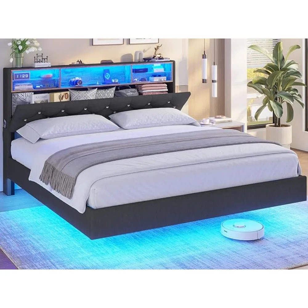 Estructura de cama con estación de carga y cabecera de almacenamiento oculta, tamaño King con luces LED, estructura de cama tapizada con botones de cristal