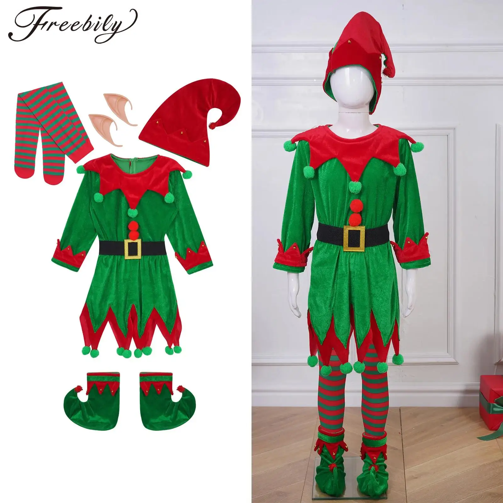 

Kids Girls Boys Christmas Elf Costume Xmas Santa Claus Helper Fancy Outfit Cosplay Dress with Hat Belt Shoes Striped Stockings