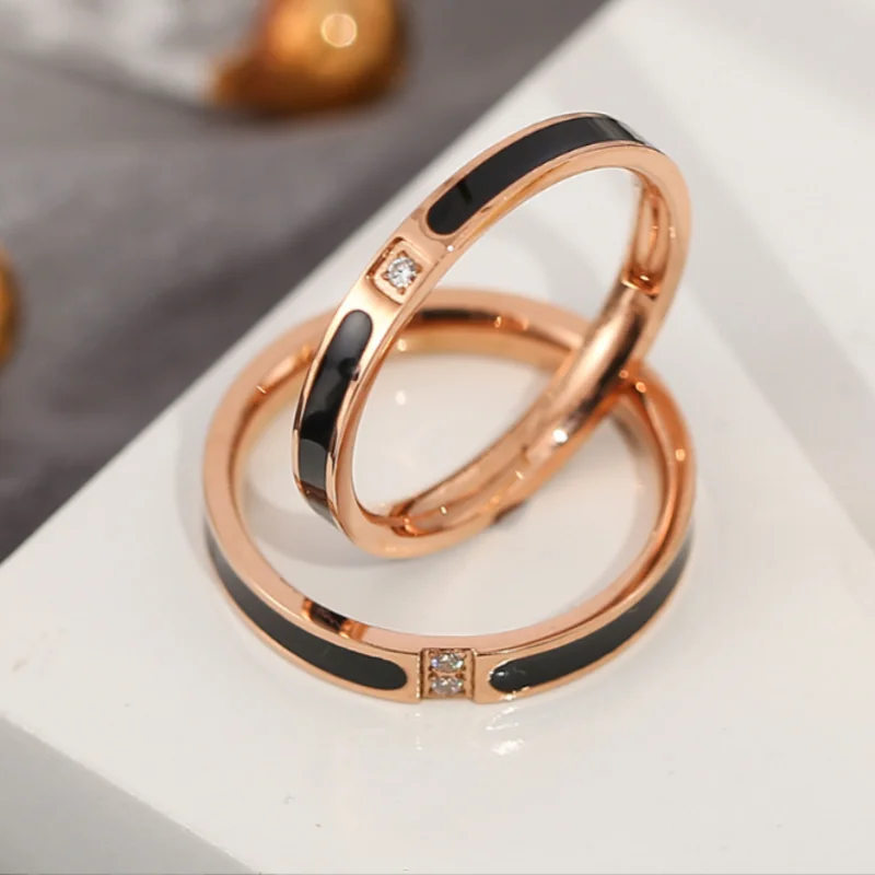 Hot Black dipping glue Diamond stainless steel couple ring does not fade rose gold net red ring